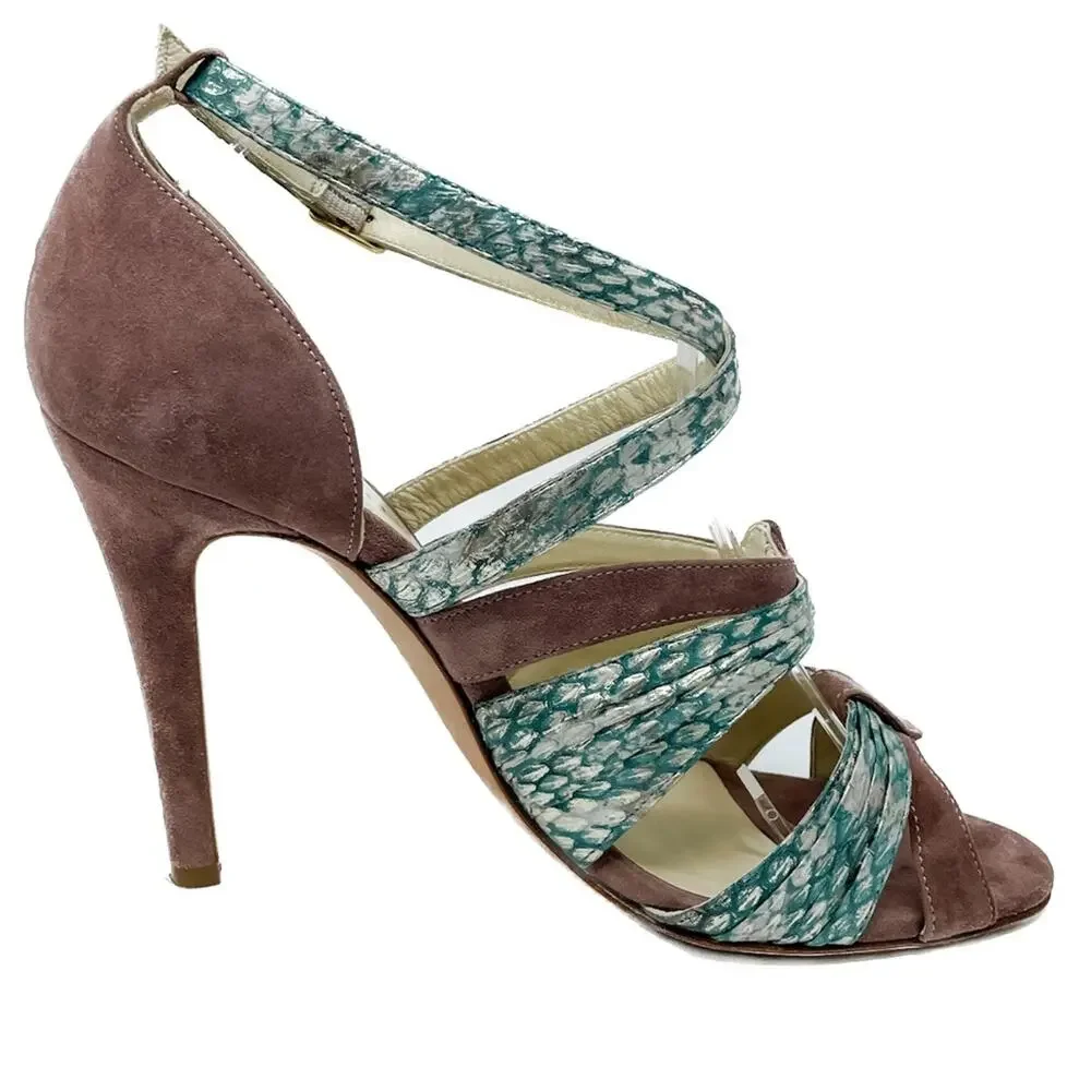 Sarah Flint Vilma Suede & Snakeskin Sandals aqua mauve gold size 37 US7